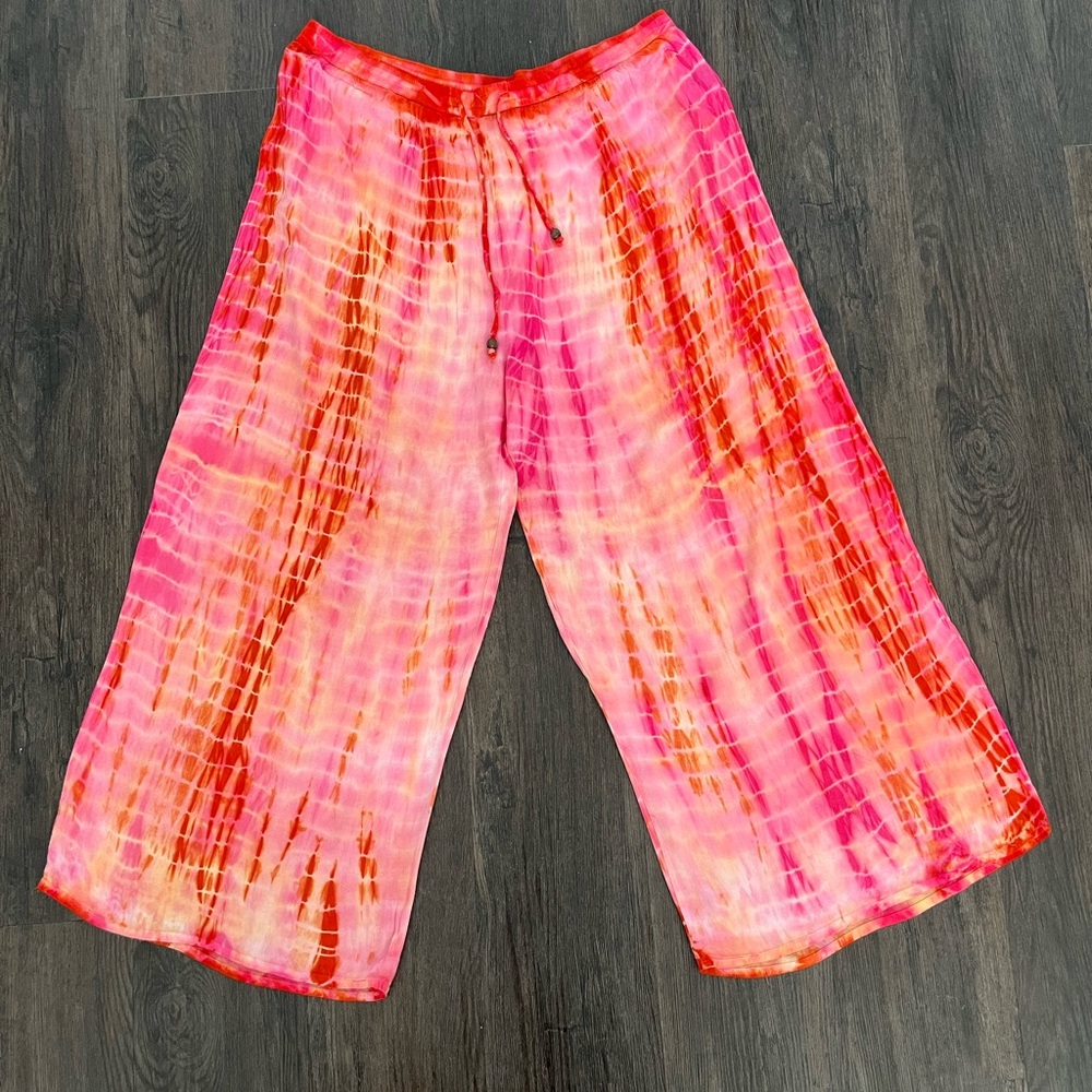 CAL STYLE || WIDE LEG W/DRAWSTRING || ORANGE HOT PINK YELLOW TYE DYE || SIZE: L - Picture 3 of 8